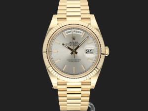 Rolex Day-Date 40 Yellow Gold Silver Dial 228238 99% NEW FULL STICKERS