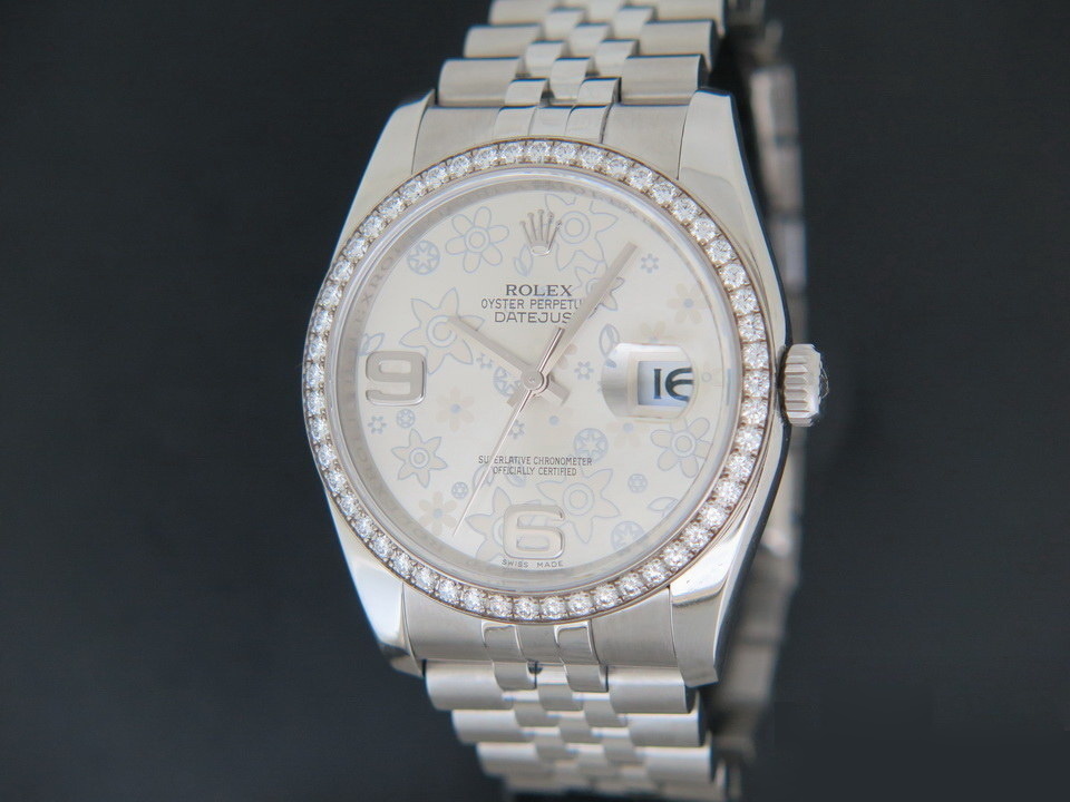 Rolex Datejust Silver Floral Dial and Diamond Bezel 116244