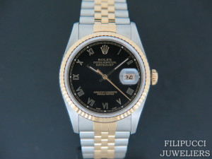 Rolex Datejust Gold/Steel Black Roman Dial 16233