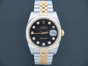 Rolex Datejust Gold/Steel Black Diamond Dial 116233 NOS IN STICKERS