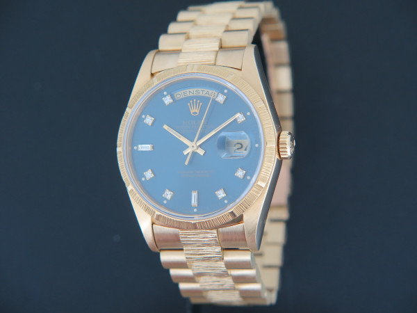 Rolex - Day-Date Yellow Gold Bark Finish Blue Diamond Dial 18248