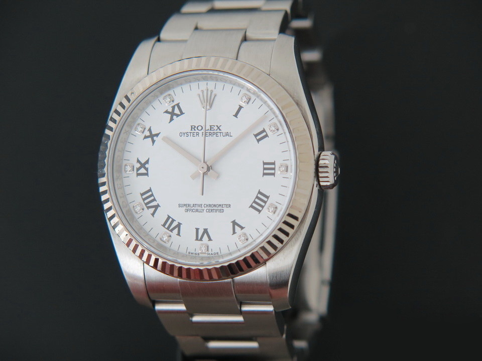 Rolex Oyster Perpetual White Gold Bezel White Diamond Dial