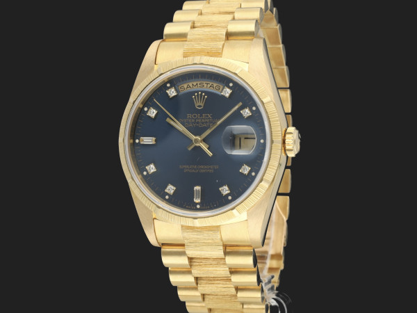 Rolex - Day-Date Yellow Gold Bark Finish Blue Diamond Dial 18248