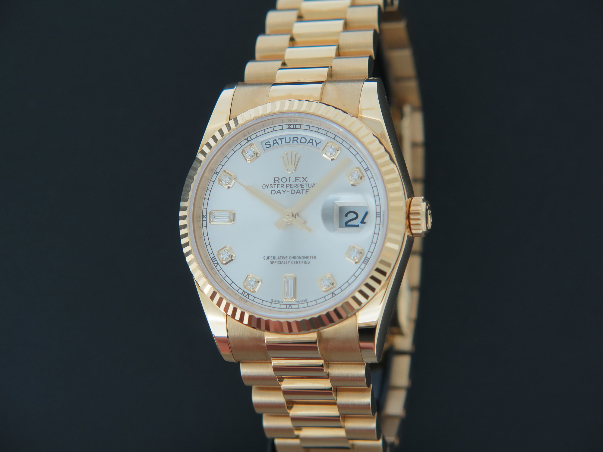 Rolex Day Date Yellow Gold Silver Dial NEW 118238 Watches Filipucci Juweliers