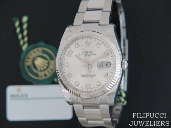 Rolex - Date Silver Diamonds NEW 115234  